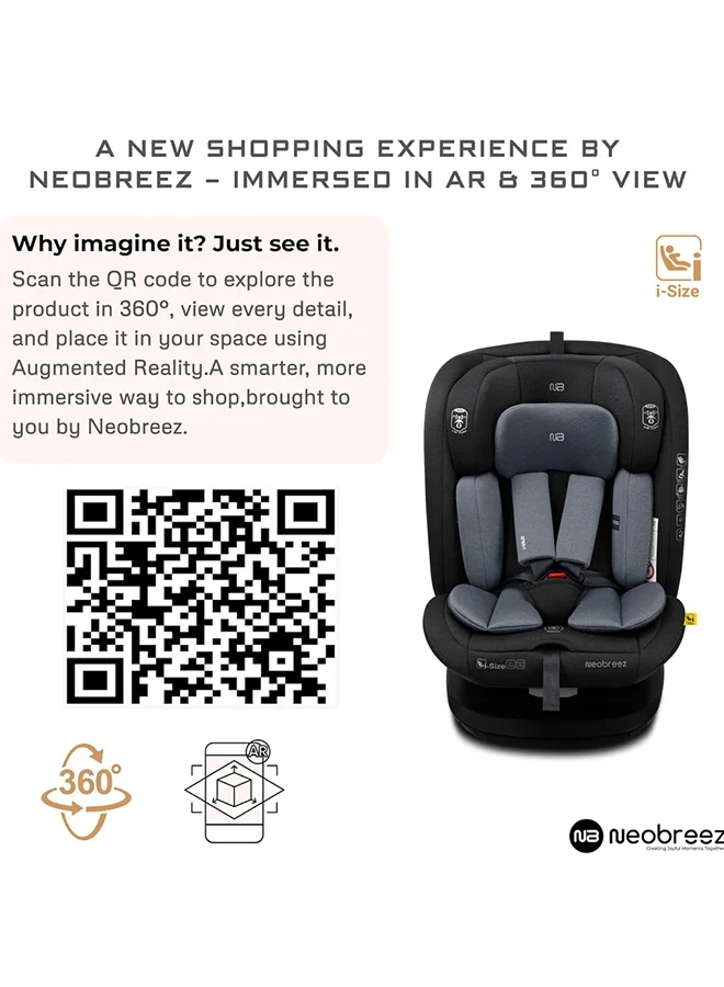 نيوبريز Neobreez I-VILO 360° Rotatable ISOFIX All-in-1 Convertible Baby Toddler Kids Child Car Seat,I-Size ECER129, Recline&Adjustable, Side Impact Protection,0-12Yrs,0-36Kg),Group 0+/1/2/3-Black Grey